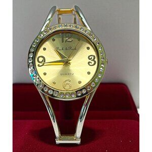Womens Bracelet Watch Cuff Peck & Peck Light Gold Tone w/ Rhinestone Accents